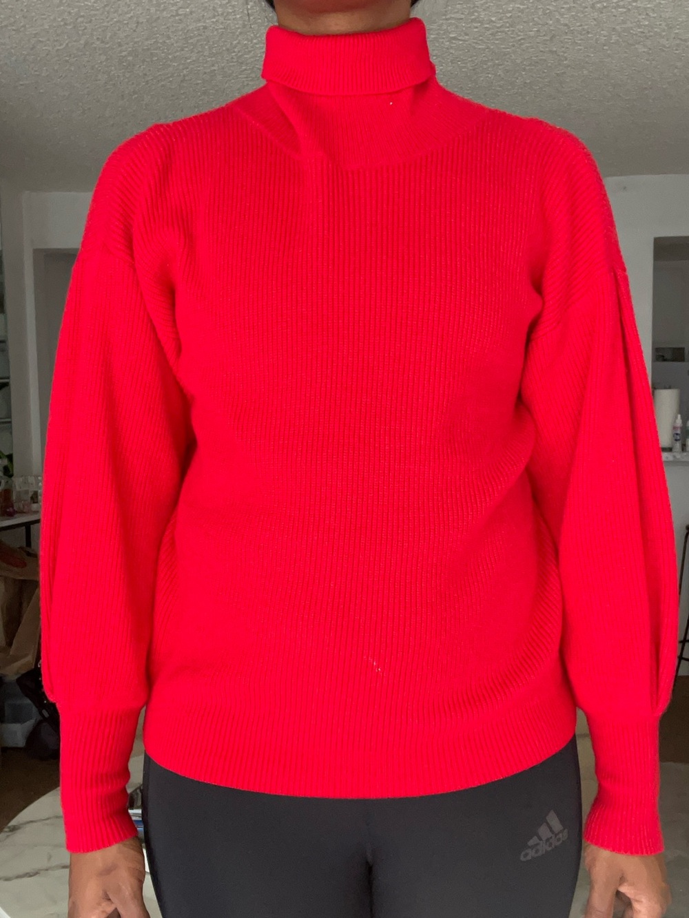Red Ribbed Turtleneck Sweater Balloon Sleeve Pullover